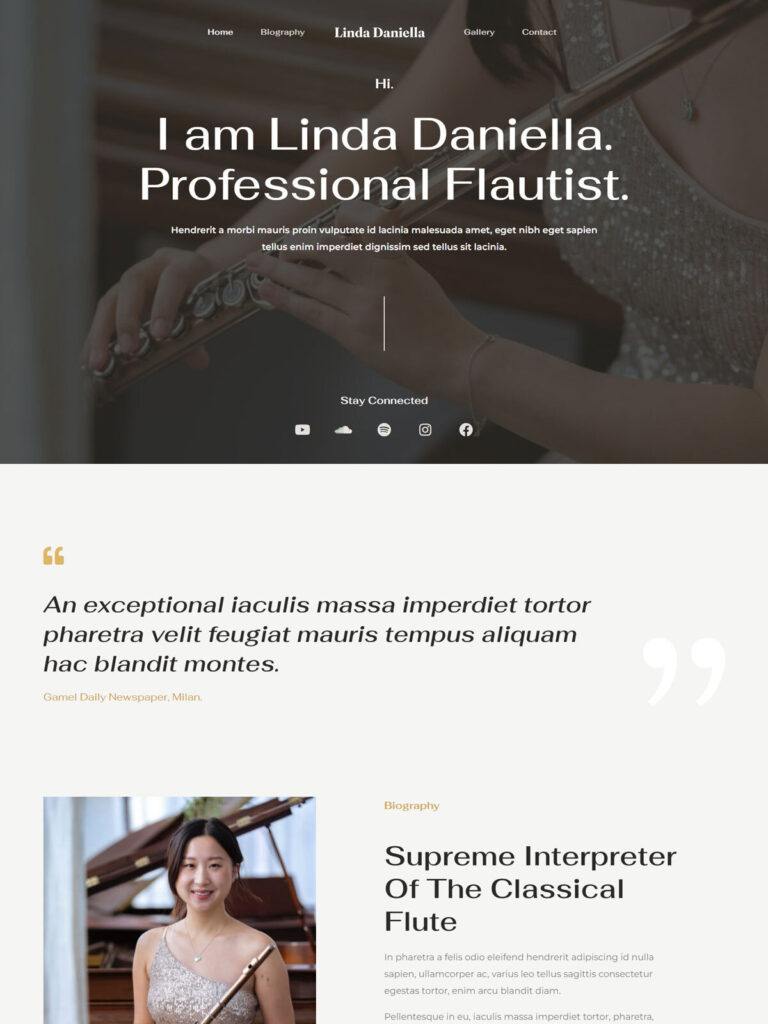 Flute artist website demo with responsive web design, SEO optimization, flute performances, music portfolio, live concerts, and professional classical musician presentation