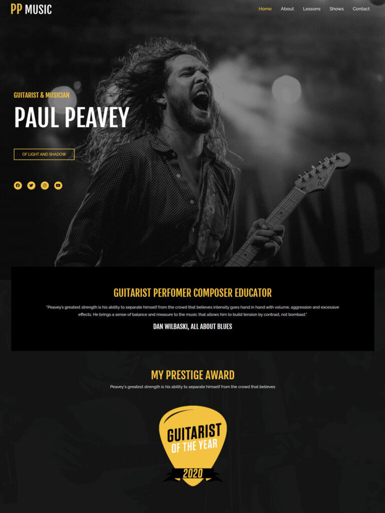 Guitarist website demo with responsive web design, SEO optimization, guitar performances, music portfolio, live shows, and professional musician presentation
