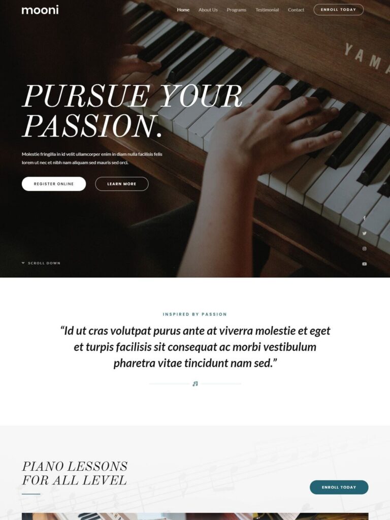 Piano tutor website demo with responsive web design, SEO optimization, piano lessons, music training, private coaching, and professional education presentation