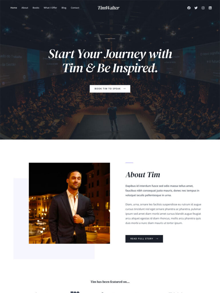 Public speaker website demo with responsive web design, SEO optimization, keynote speaking services, motivational talks, corporate presentations, and professional speaker branding