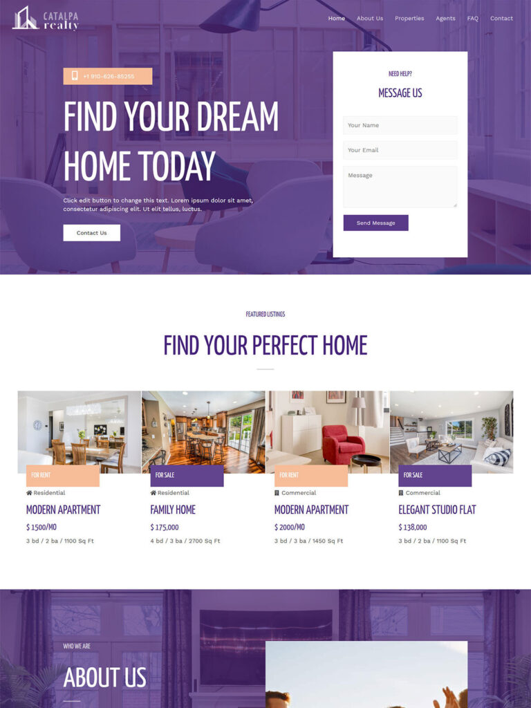 Real estate website demo with responsive web design, SEO optimization, property listings, home buying and selling services, real estate investment solutions, and professional agency presentation