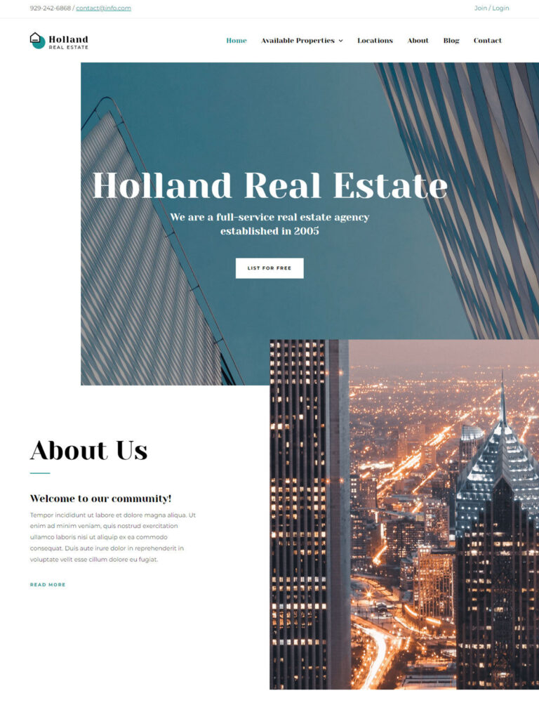 Real estate agency website demo with responsive web design, SEO optimization, property listings, home buying and selling services, real estate investment solutions, and professional agency presentation