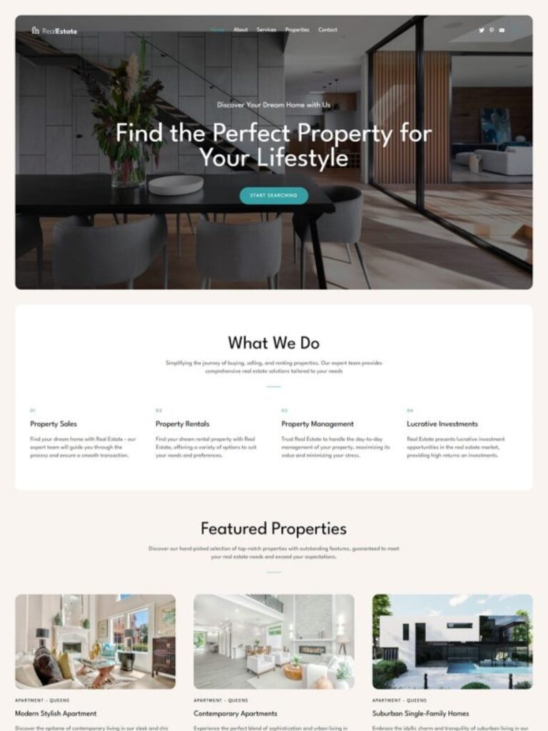 Real estate company website demo with responsive web design, SEO optimization, property listings, home buying and selling services, real estate investment solutions, and professional agency presentation