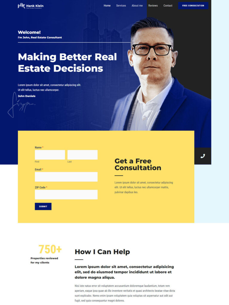 Real estate consultant website demo with responsive web design, SEO optimization, property advisory services, investment consulting, home buying guidance, and professional real estate consulting presentation